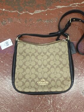 Coach Khaki & Black Signature Crossbody Bag with Gold Hardware